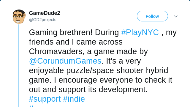 Screenshot of a tweet by GameDude2 praising Chromavaders